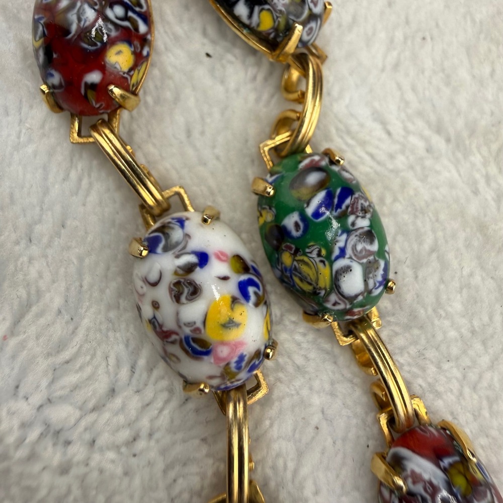 Vintage Millefiori Art Glass Bracelet Multicolor Gold Tone Link‎ 6.5in